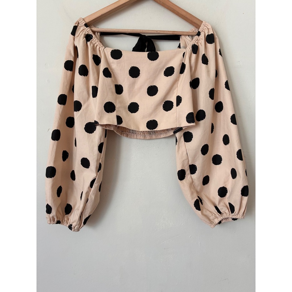Vestique Polka Dot Linen Blend Crop Top Tan Black Puff Sleeve Smocked Back S